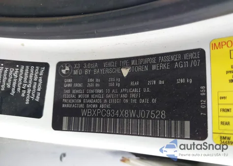 2008 BMW X3 3.0Si z USA, uszkodzony, nr VIN WBXPC934X8WJ07528